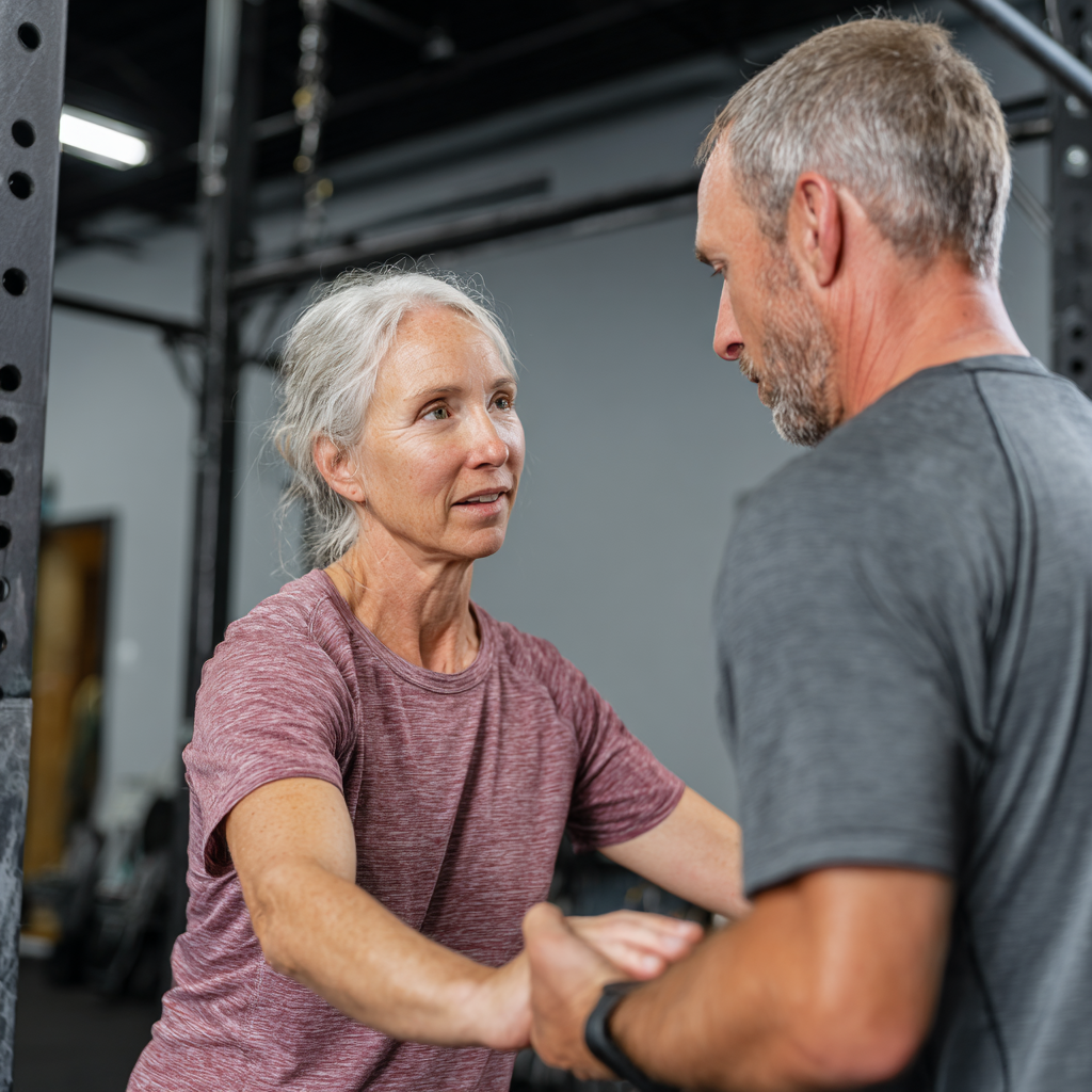 Middle-aged person performing functional movement assessment with professional trainer