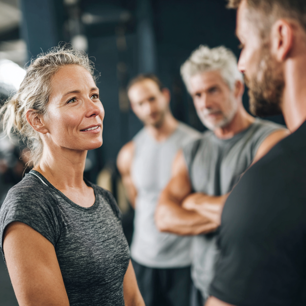 Professional fitness coach working with mature adults in modern training facility